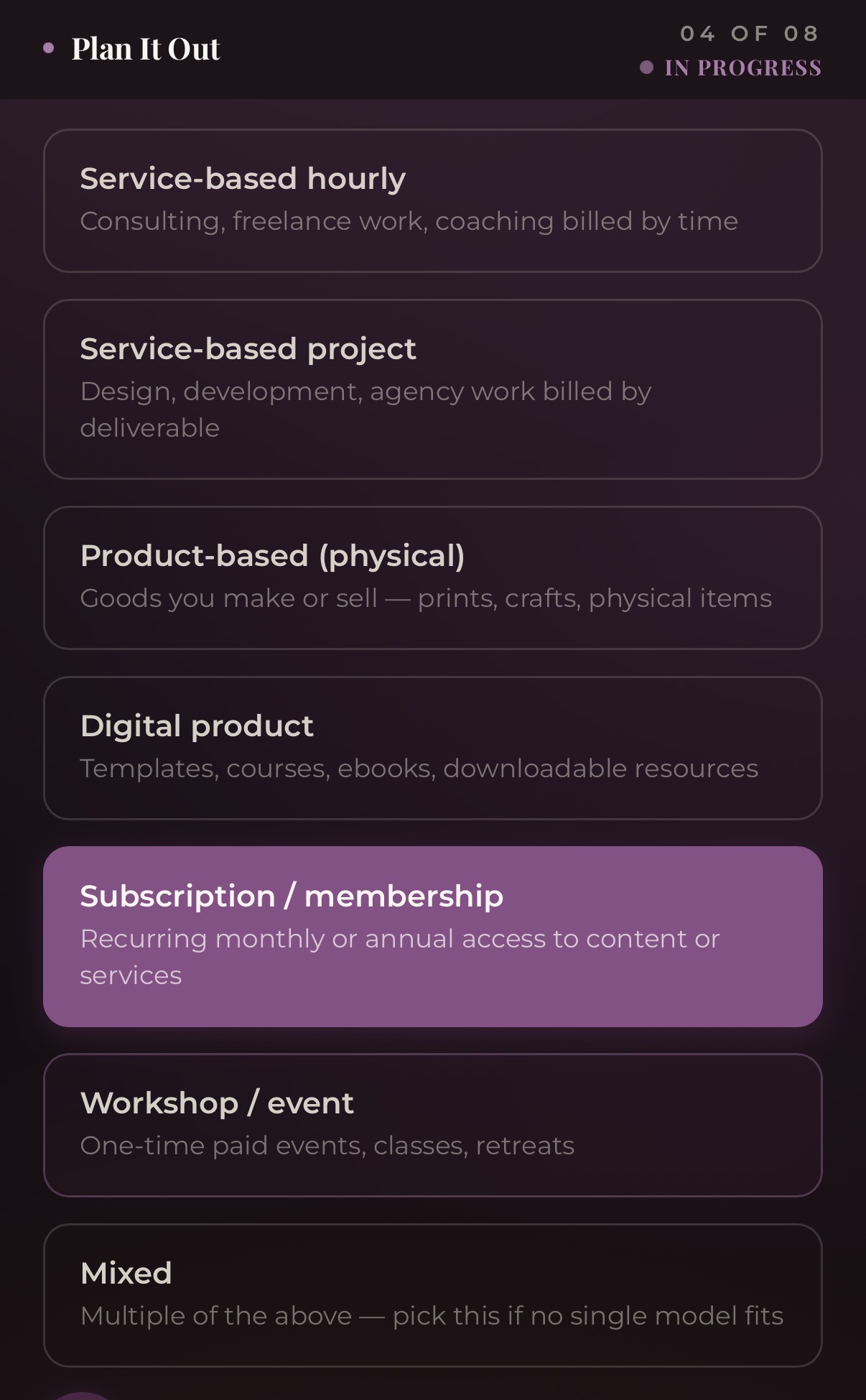 Section 04 — Revenue model picker with subscription/membership selected.